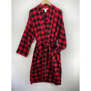 VERMONT COUNTRY STORE Robe Men L Flannel Buffalo Check Lounge Wrap Tie Waist Red
